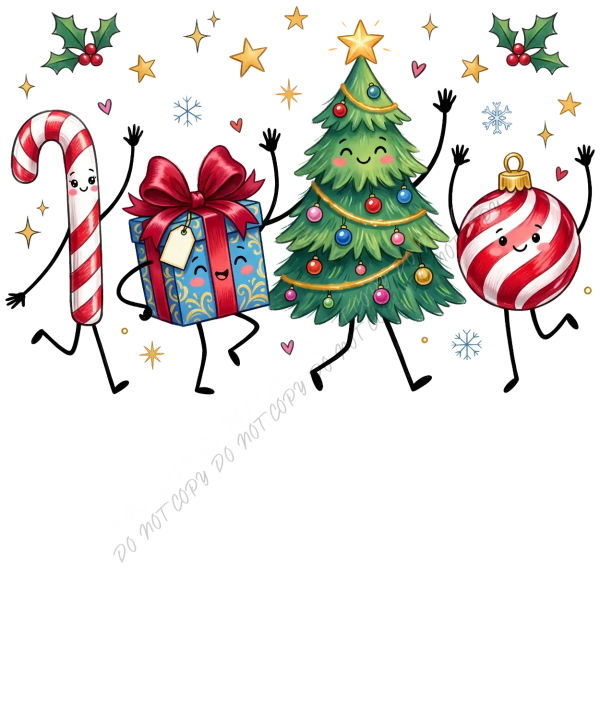 Cheerful Christmas party characters in red, green, and gold dancing together, ready to press dtf transfer design with holiday elements