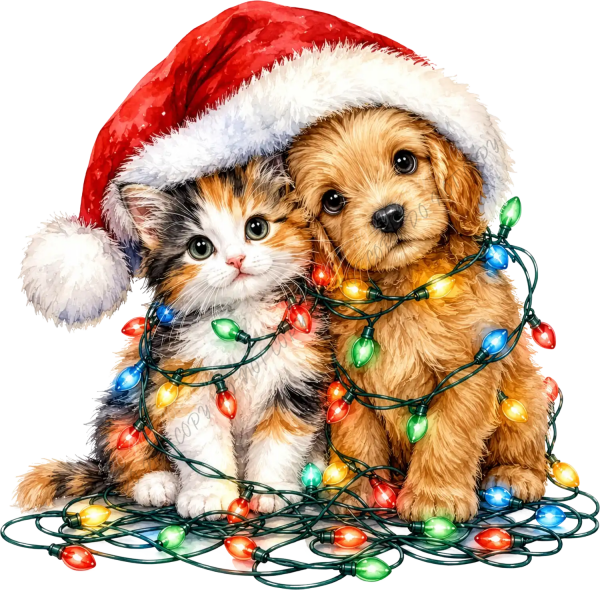 Cute puppy and kitten wearing Santa hat with colorful Christmas lights, ready to press dtf transfer design