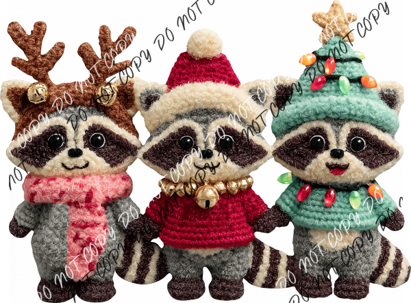 Christmas Raccoon Trio Faux Yarn DTF Transfer RTP DTF Transfers
