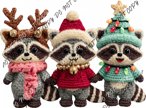 Christmas Raccoon Trio Faux Yarn DTF Transfer RTP DTF Transfers