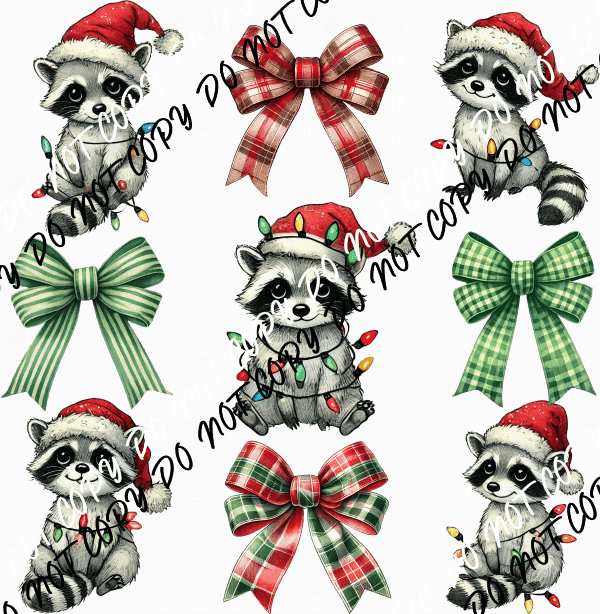 Christmas Raccoons and Bows Grid DTF Transfer - We Print U Press DTF Transfers