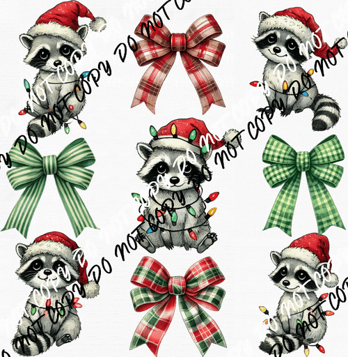 Christmas Raccoons and Bows Grid DTF Transfer - We Print U Press DTF Transfers