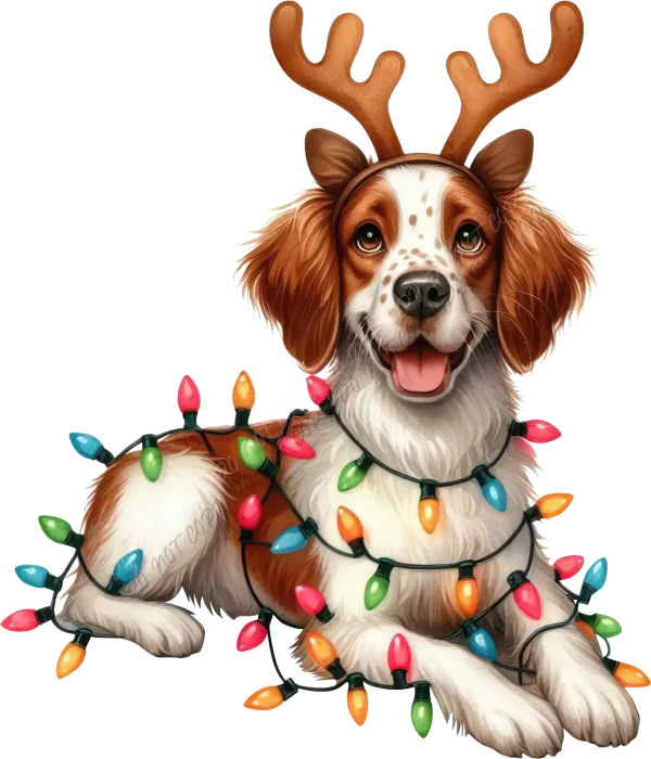 Happy spaniel dog wearing reindeer antlers and wrapped in colorful Christmas lights, ready to press dtf transfer