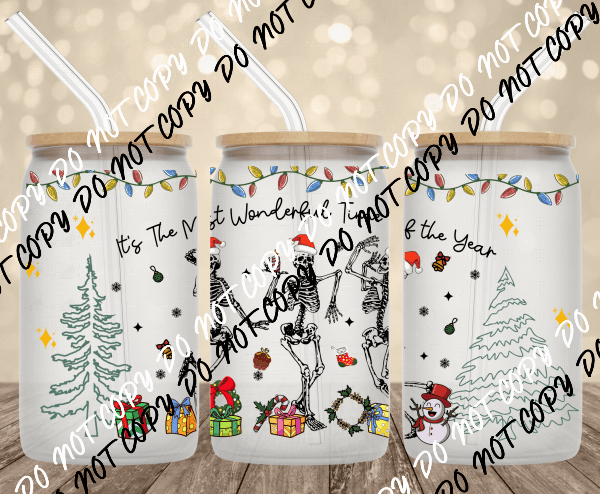 Christmas Skeletons Dancing UV Transfer for 16 oz Glass Can - We Print U Press DTF Transfers