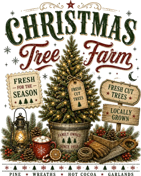 Vintage Christmas Tree Farm design with pine trees, lantern, hot cocoa mug, and wooden signs ready to press dtf transfer