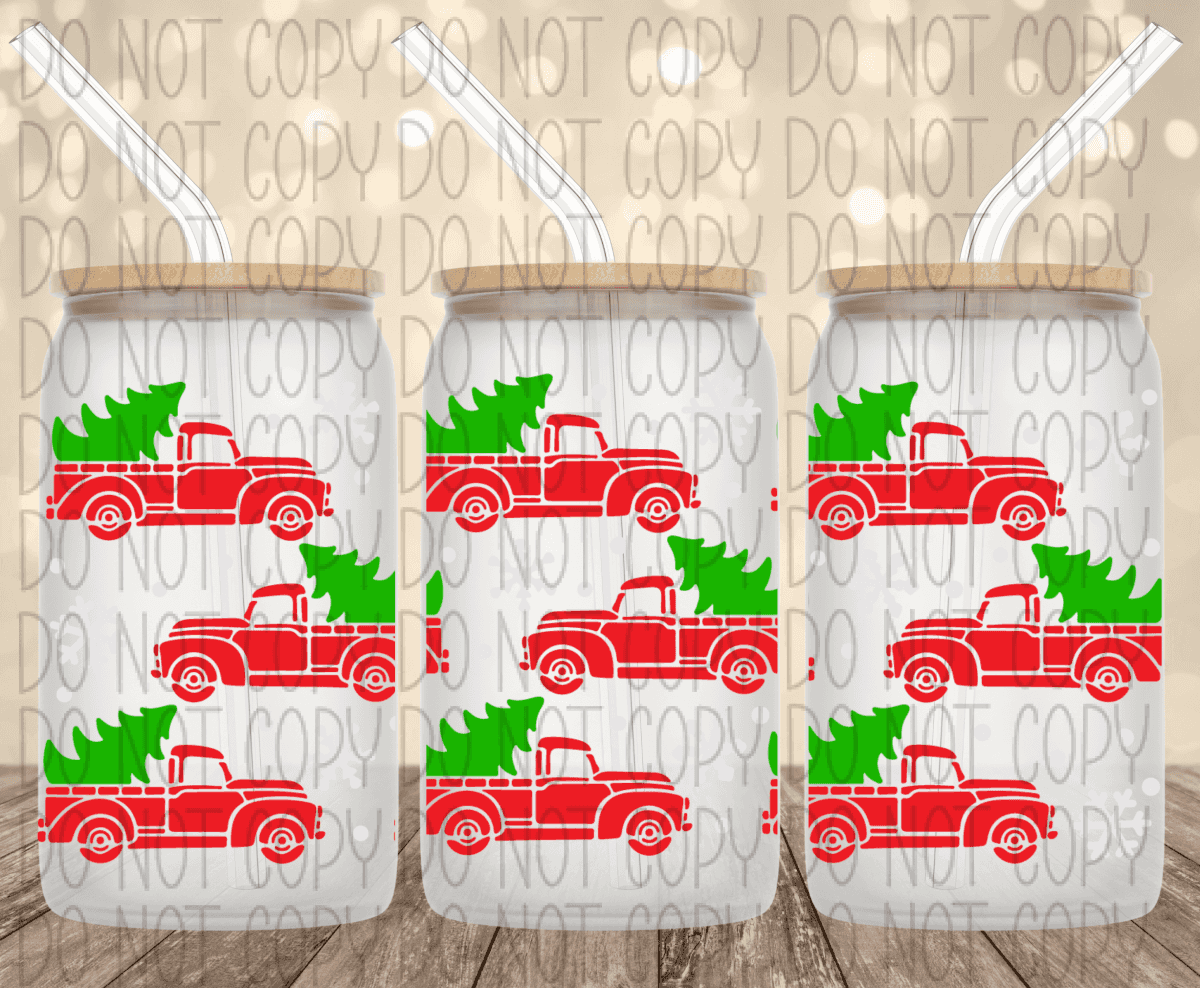 Christmas Tree Truck 16 Oz Glass Can