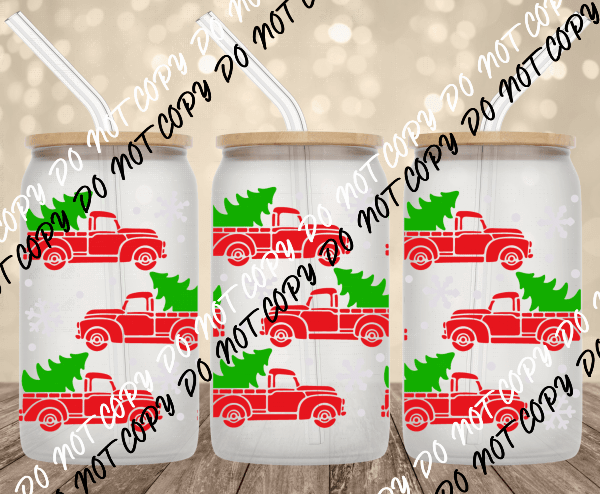 Christmas Tree Truck UV Transfer for 16 oz Glass Can - We Print U Press DTF Transfers