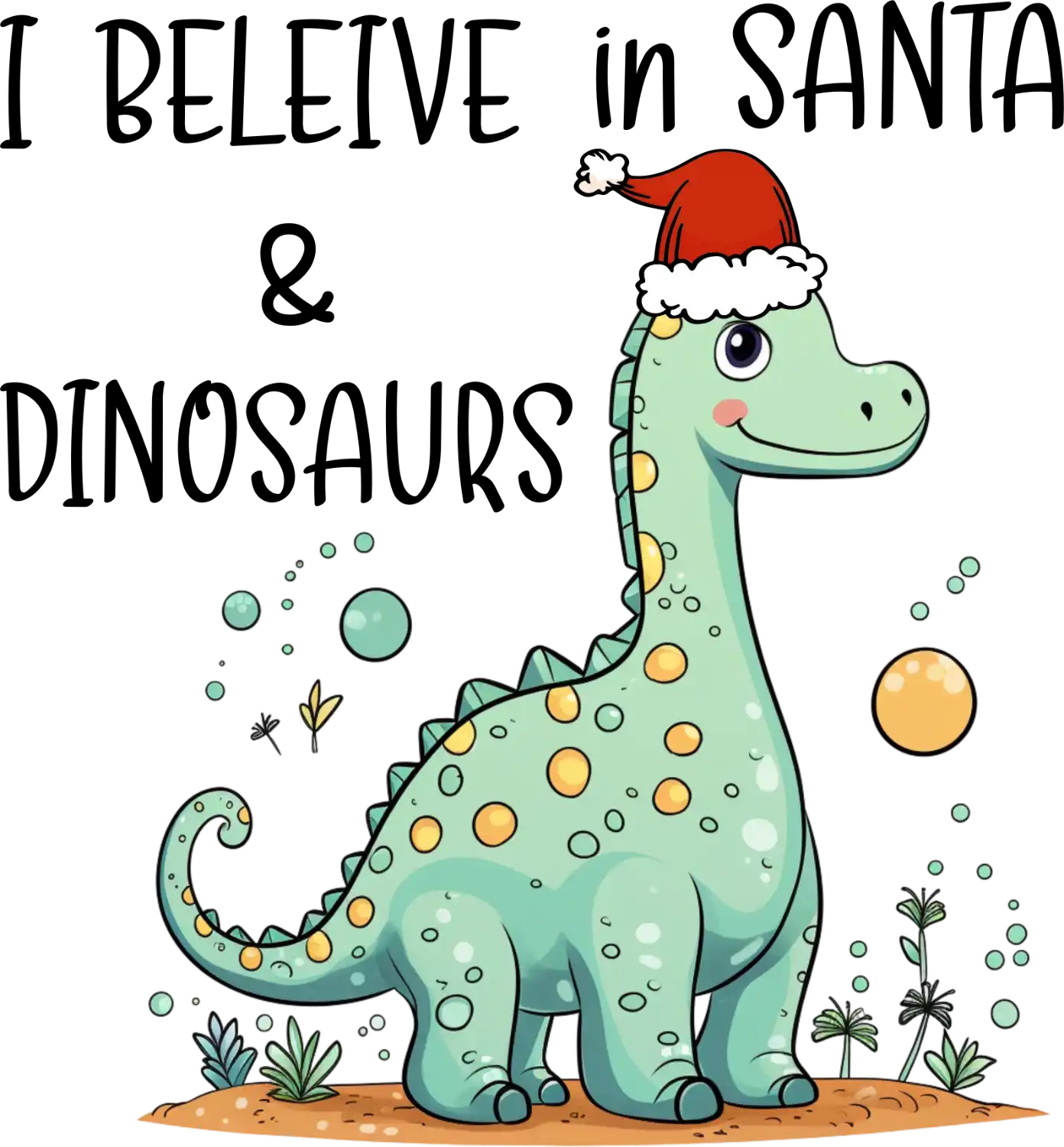 Green dinosaur wearing red Santa hat with gold spots, ready to press dtf transfer for holiday apparel
