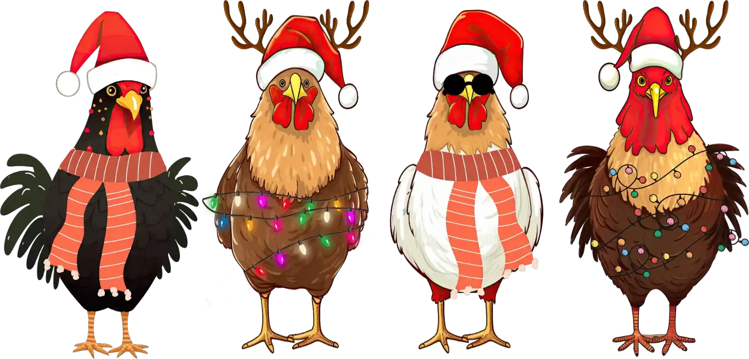Four colorful roosters wearing Santa hats and holiday decorations, ready to press dtf transfer design