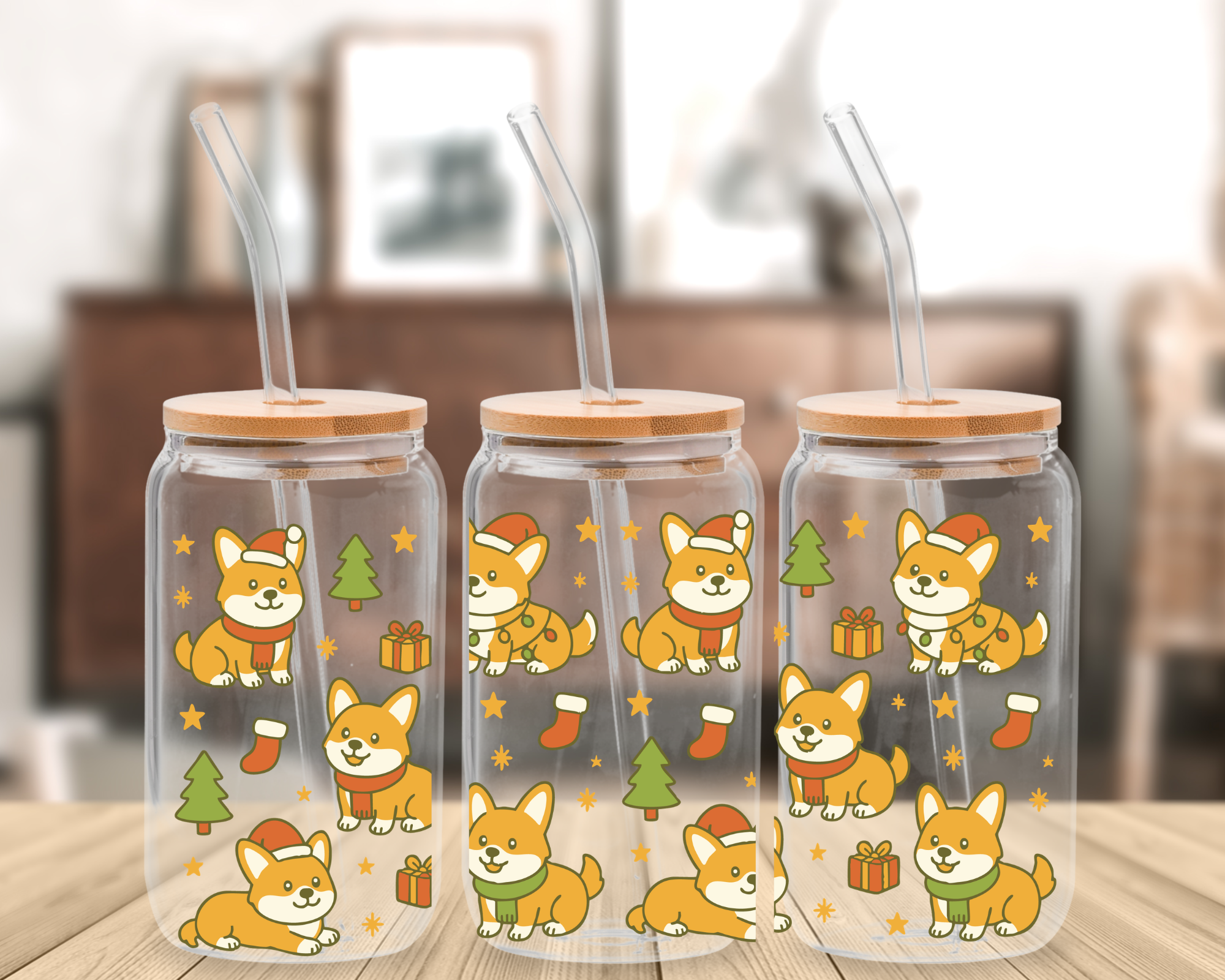 Christmas Corgi 16 oz Glass Can Cup Wrap UV Transfer