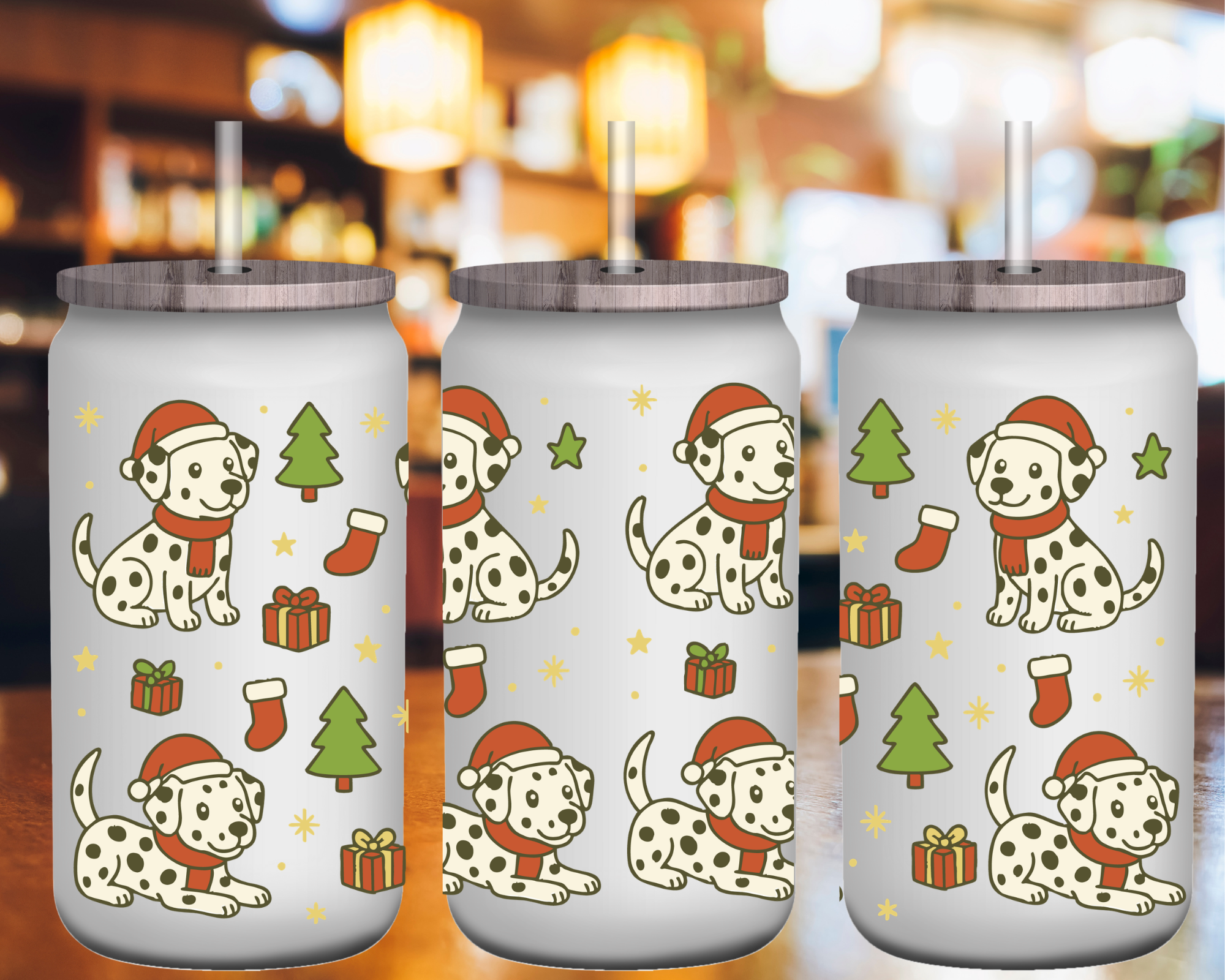 Christmas Dalmatian 16 oz Glass Can Cup Wrap UV Transfer