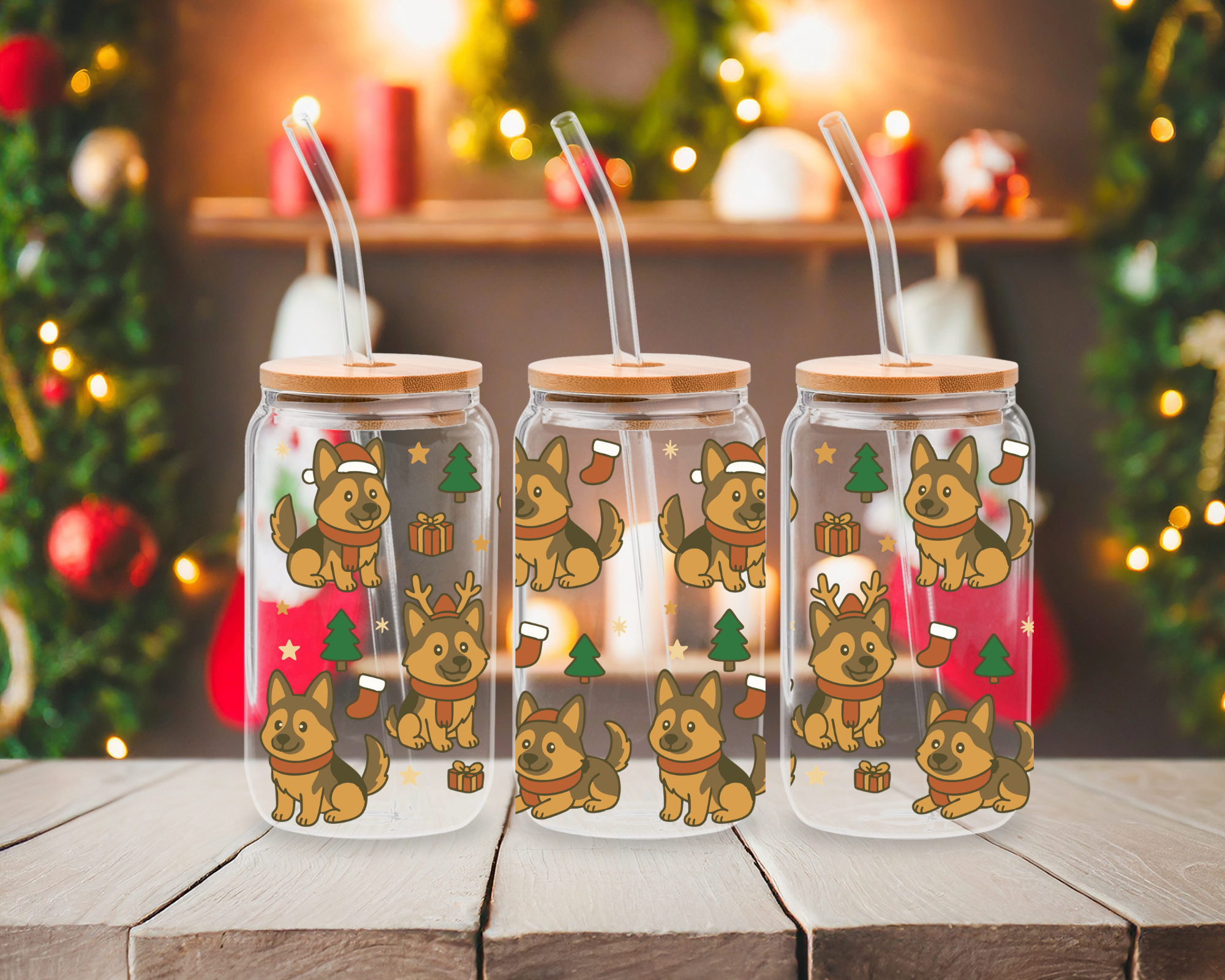 Christmas German Shepherd 16 oz Glass Can Cup Wrap UV Transfer