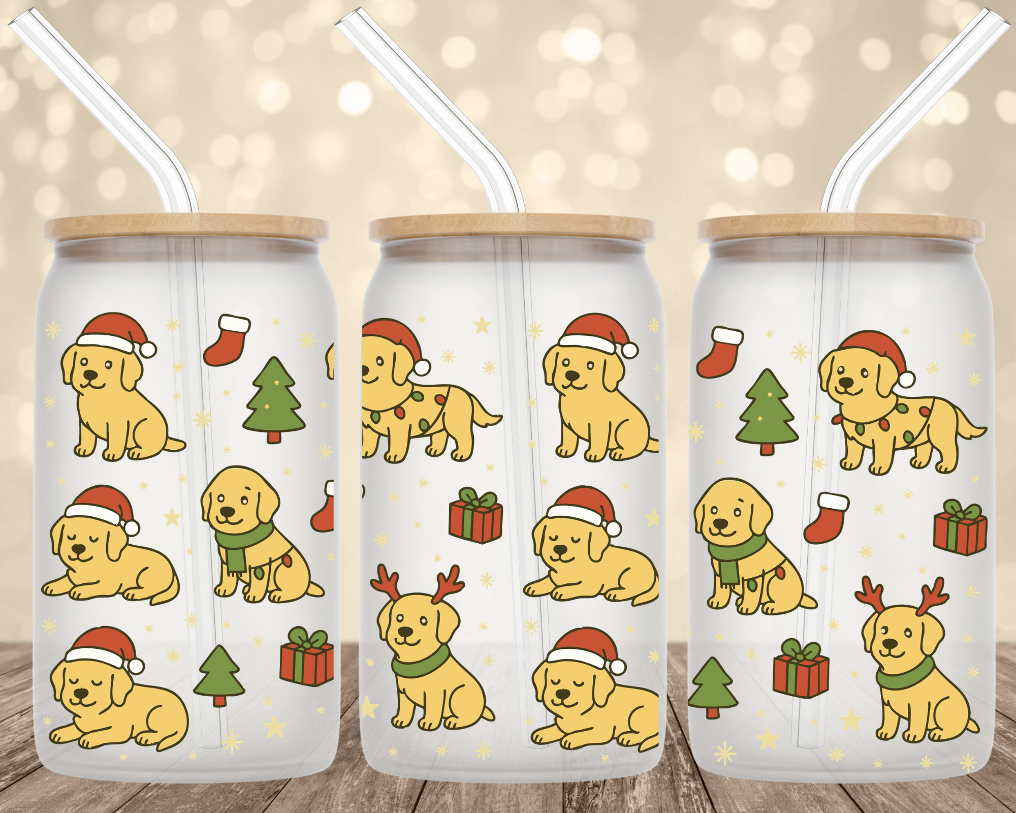 Christmas Labrador 16 oz Glass Can Cup Wrap UV Transfer