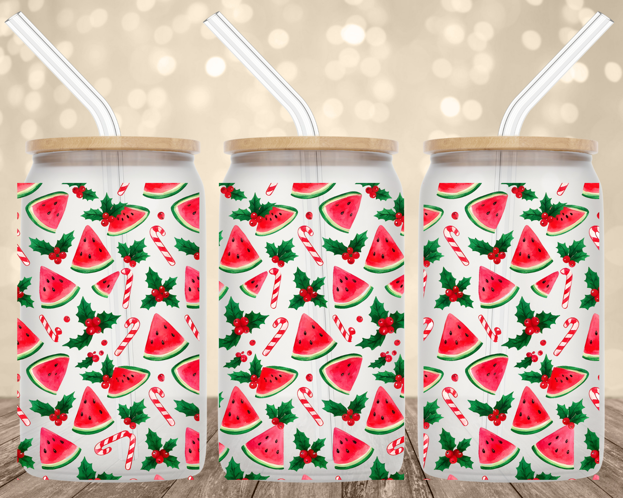 Christmas Watermelon 16 oz Glass Can Cup Wrap UV Transfer