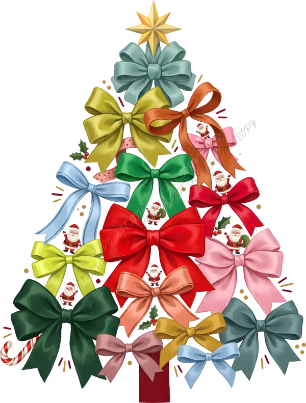 Colorful bow Christmas tree with gold star, candy canes, and Santa patterns ready to press dtf transfer