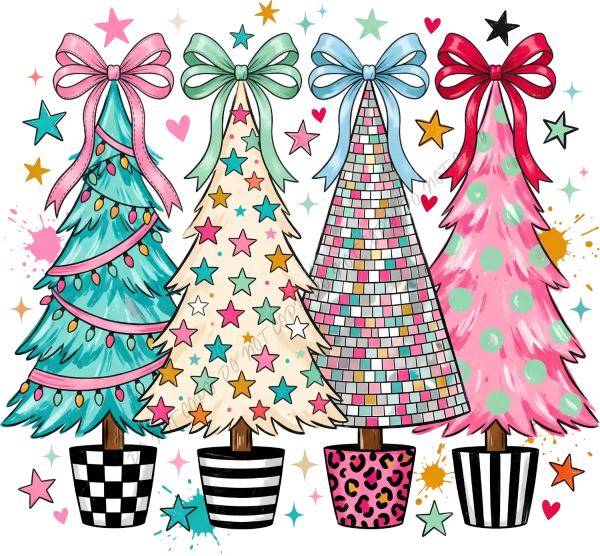 Four vibrant Christmas trees with matching bows in teal, green, blue, and pink—ready to press dtf transfer.