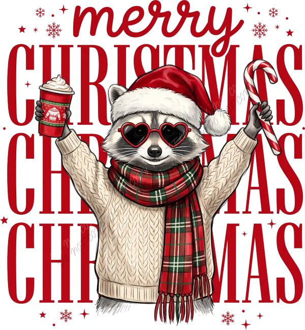 Stylish raccoon wearing Santa hat, heart-shaped sunglasses, and plaid scarf holding candy cane and hot drink, ready to press dtf transfer
