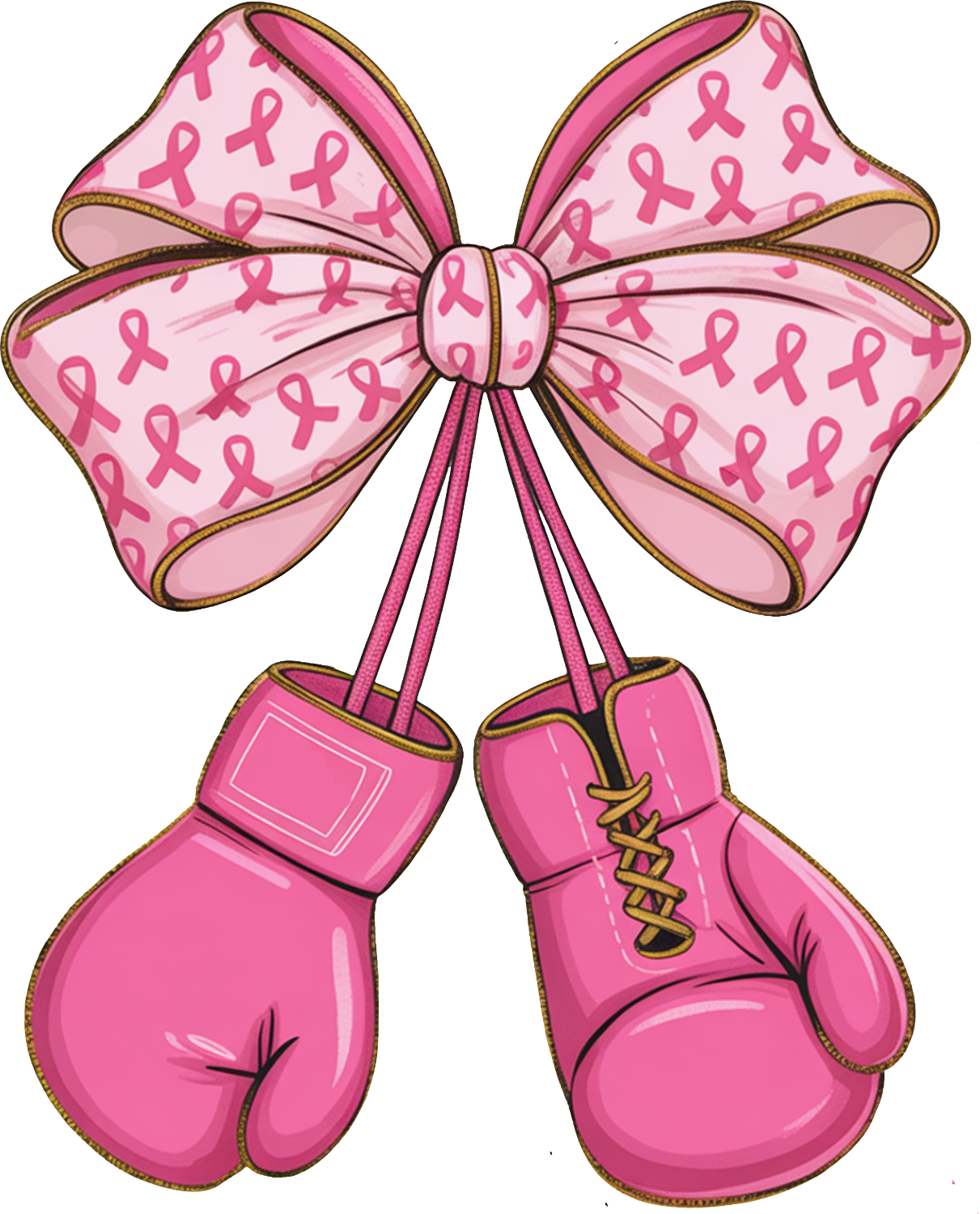 Pink boxing gloves with breast cancer ribbons and brown trim, ready to press dtf transfer design