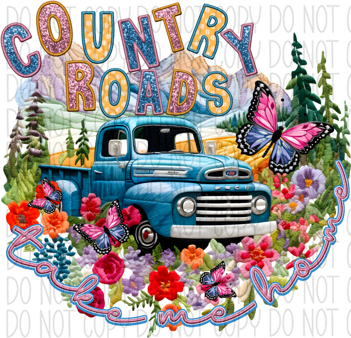 Country Roads Faux Sequin And Embroidery Dtf Transfer Rtp Transfers