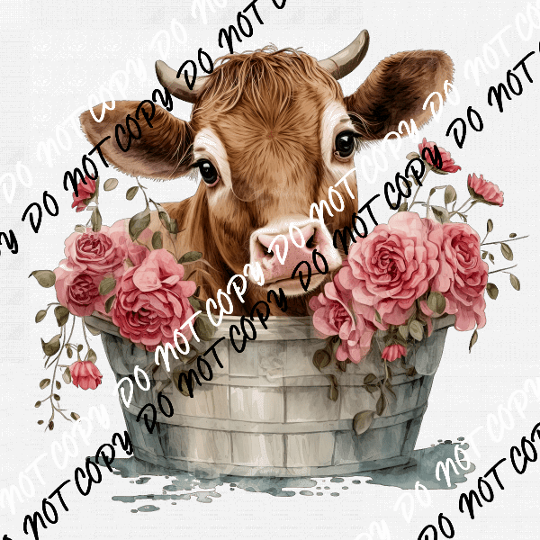 Cow Calf in Bucket with Pink Roses Watercolor DTF Transfer - We Print U Press DTF Transfers