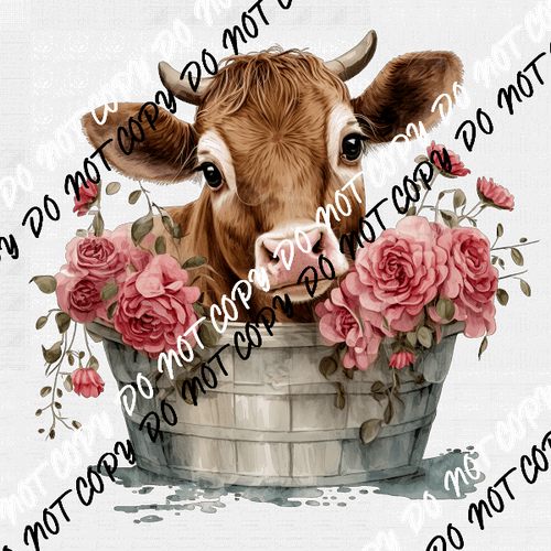 Cow Calf in Bucket with Pink Roses Watercolor DTF Transfer - We Print U Press DTF Transfers