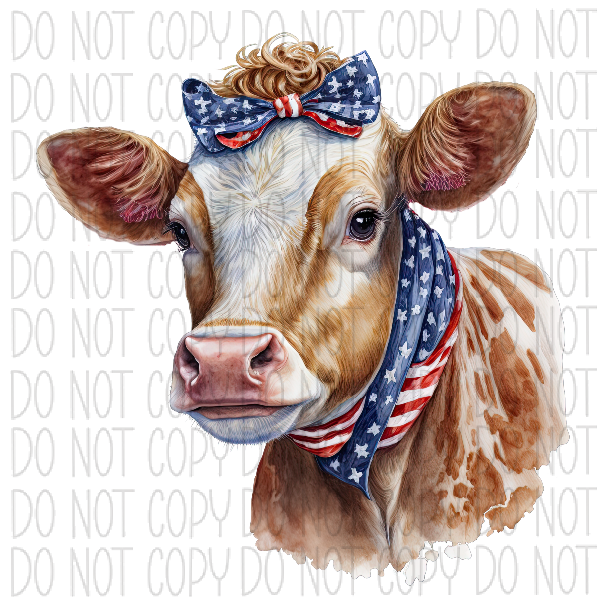 Cow With Americana Bandana And Bow Watercolor Dtf Transfer
