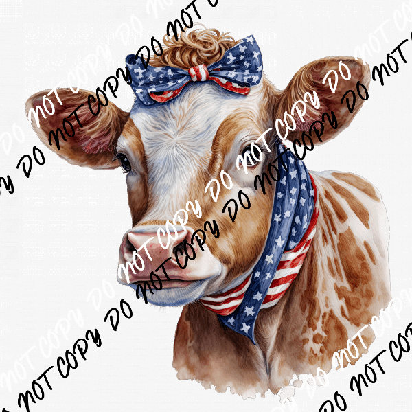 Cow with Americana Bandana and Bow Watercolor DTF Transfer - We Print U Press DTF Transfers