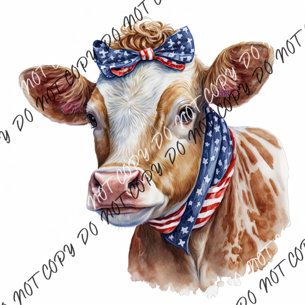 Cow With Americana Bandana And Bow Watercolor Dtf Transfer