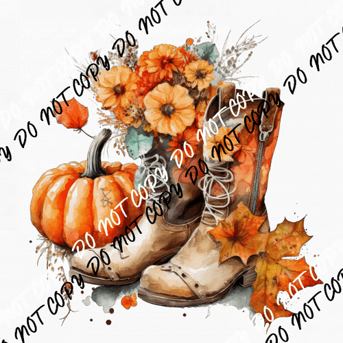 Cowboy Boots with Pumpkins and Flowers Watercolor DTF Transfer - We Print U Press DTF Transfers