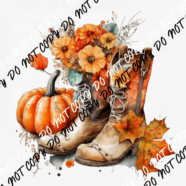 Cowboy Boots with Pumpkins and Flowers Watercolor DTF Transfer - We Print U Press DTF Transfers