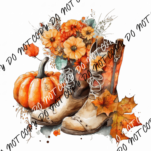 Cowboy Boots with Pumpkins and Flowers Watercolor DTF Transfer - We Print U Press DTF Transfers