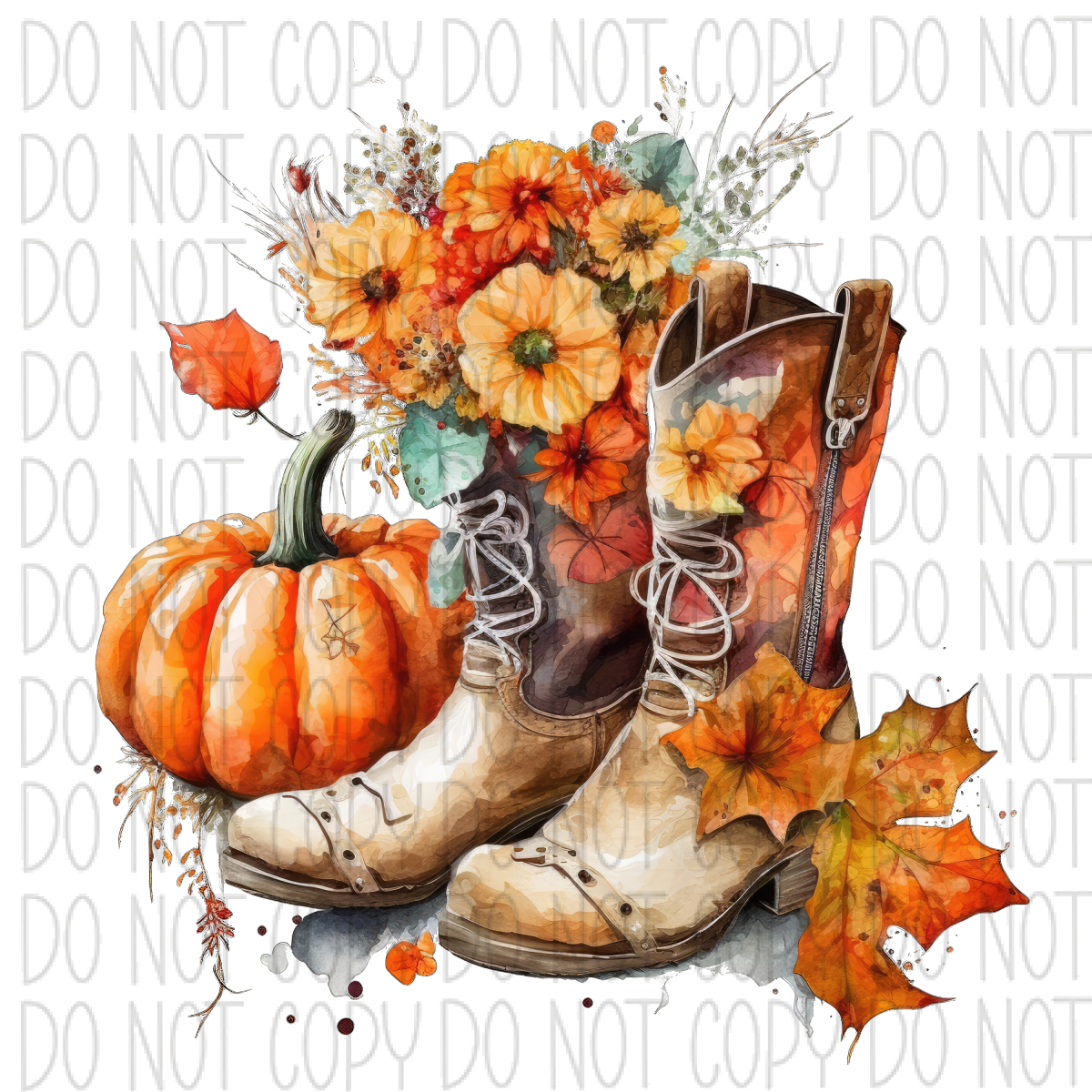 Cowboy Boots With Pumpkins And Flowers Watercolor Dtf Transfer Transfers