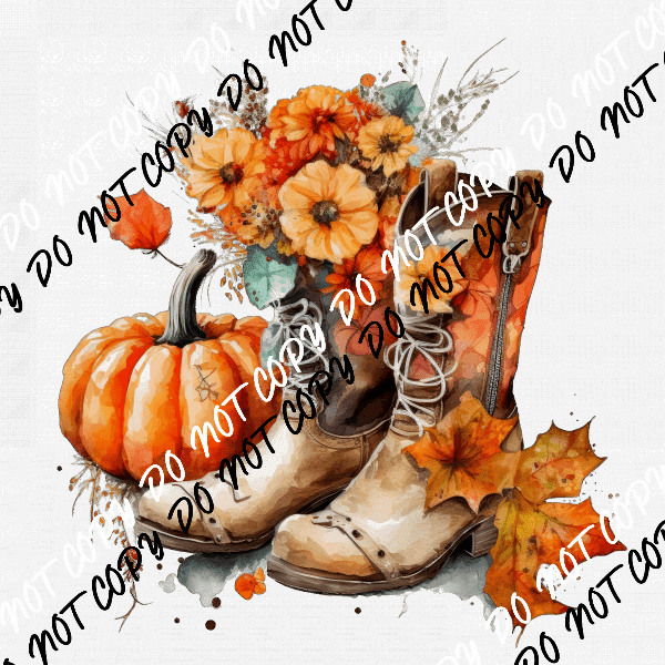 Cowboy Boots with Pumpkins and Flowers Watercolor DTF Transfer - We Print U Press DTF Transfers