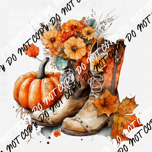 Cowboy Boots with Pumpkins and Flowers Watercolor DTF Transfer - We Print U Press DTF Transfers