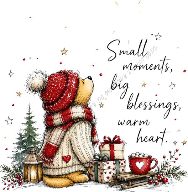 Ready to press DTF transfer of a cute bear in red hat and scarf surrounded by holiday gifts, lantern, and warm blessings quote