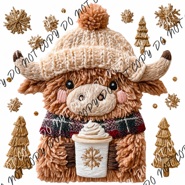 Cozy Highland Cow Christmas Faux Yarn DTF Transfer RTP DTF Transfers