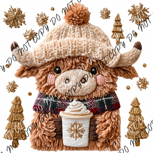 Cozy Highland Cow Christmas Faux Yarn DTF Transfer RTP DTF Transfers