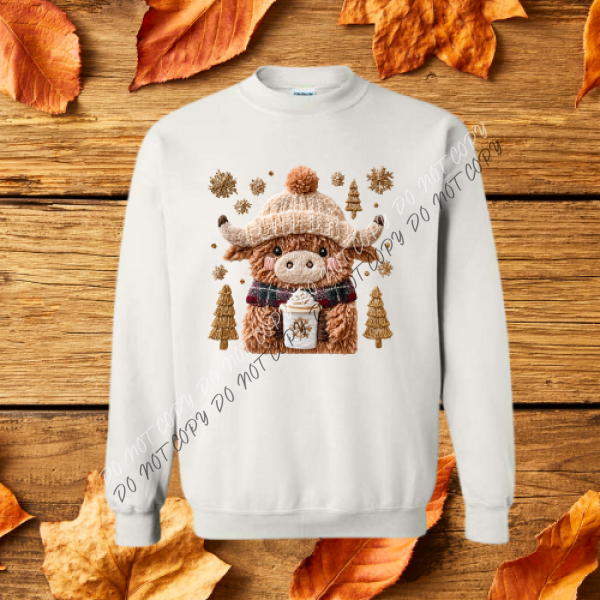 Cozy Highland Cow Faux Yarn Sweatshirt S / White Boutique Fashion