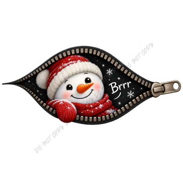Cute smiling snowman wearing red knit hat and scarf with "Brr" text, ready to press dtf transfer on black background with snowflakes