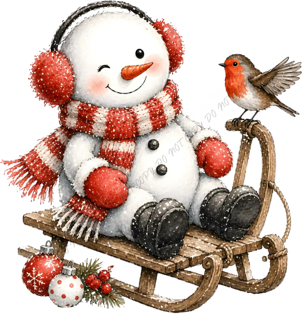 Cozy snowman wearing red earmuffs and striped scarf sitting on wooden sled with robin bird ready to press dtf transfer