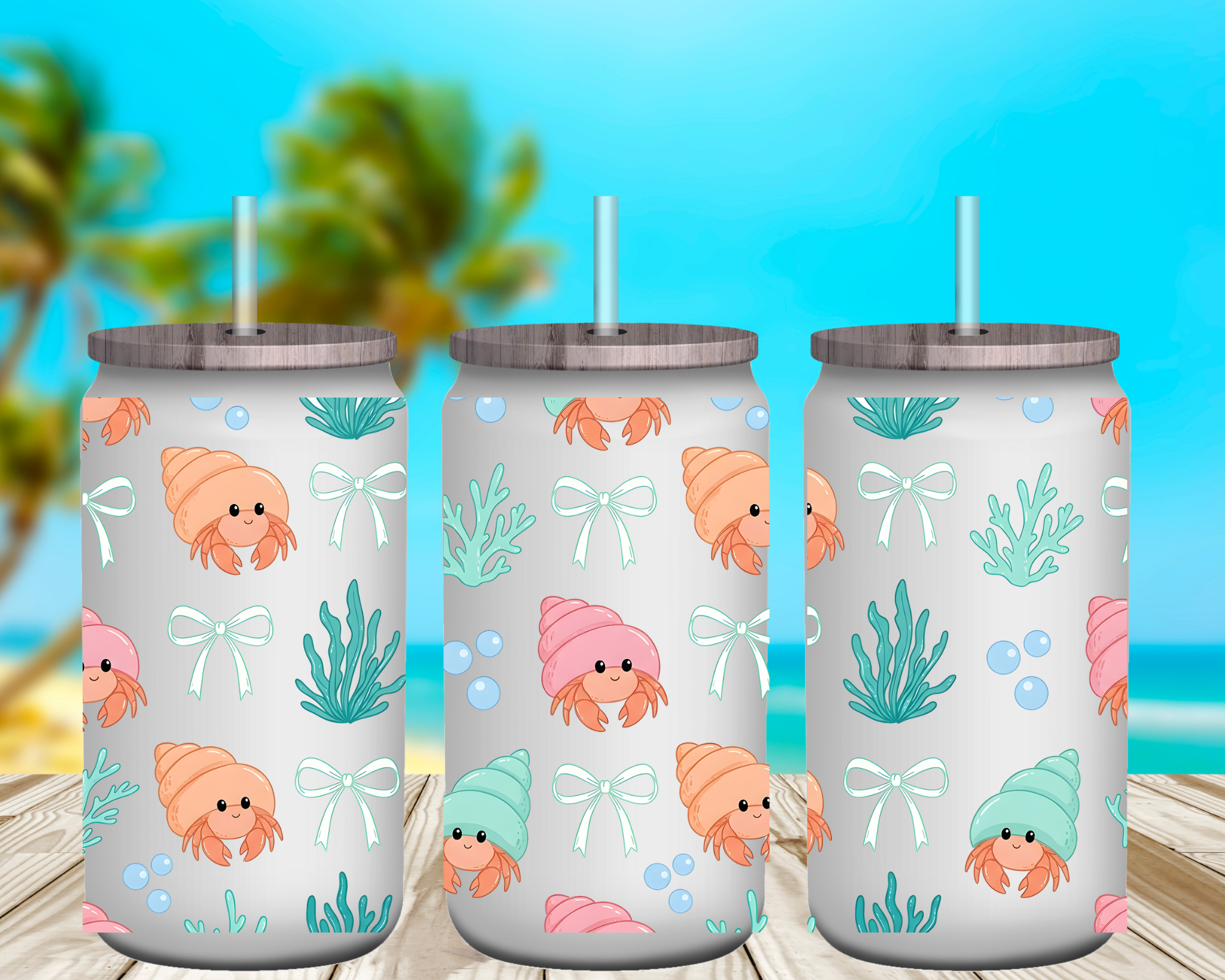 Seashell Hermit Crabs 16 oz Glass Can Cup Wrap UV Transfer