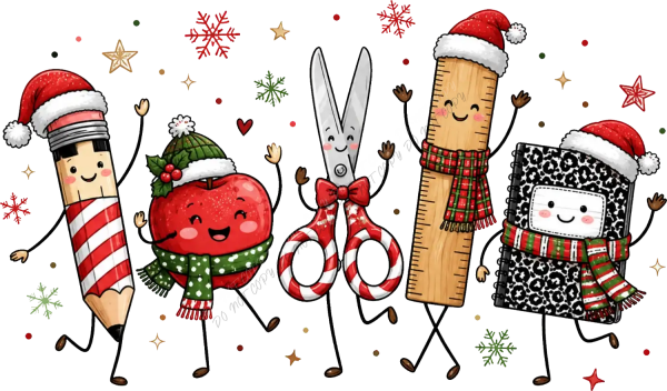 Five cheerful craft supply characters wearing Santa hats and festive scarves, ready to press dtf transfer with snowflakes and stars.