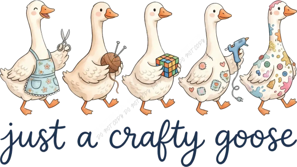 Five white geese with colorful craft supplies including scissors, yarn, knitting needles, Rubik's cube, and confetti ready to press dtf transfer
