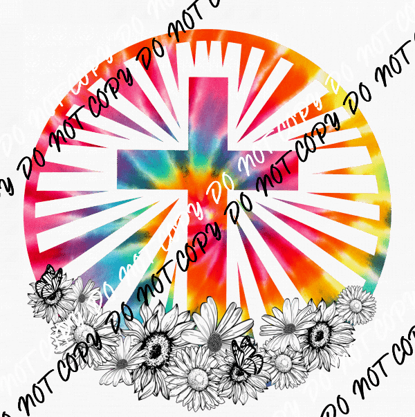 Cross with Flowers Tie Dye Circle DTF Transfer - We Print U Press DTF Transfers