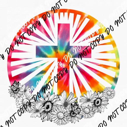 Cross with Flowers Tie Dye Circle DTF Transfer - We Print U Press DTF Transfers