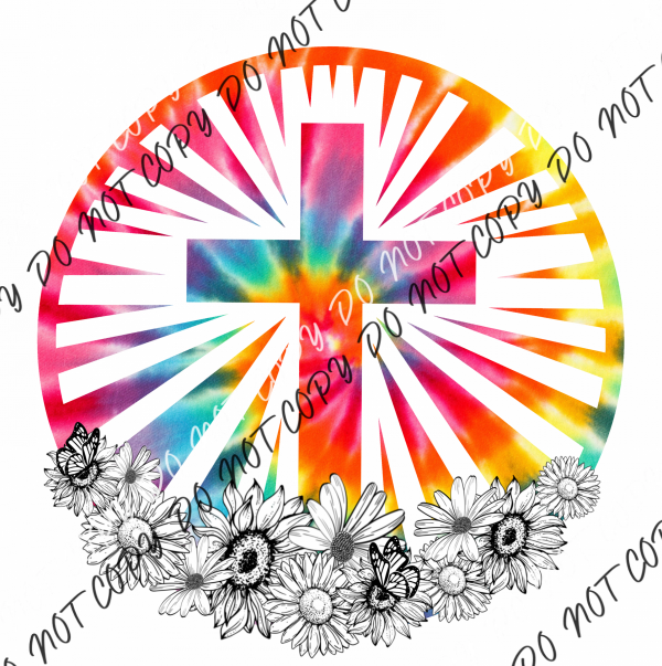 Cross With Flowers Tie Dye Circle Dtf Transfer Rtp Transfers