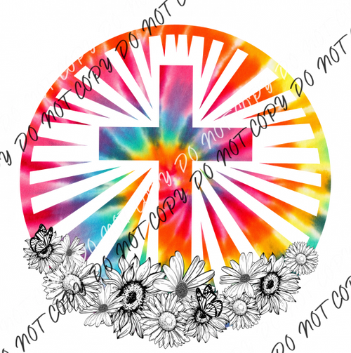 Cross With Flowers Tie Dye Circle Dtf Transfer Rtp Transfers