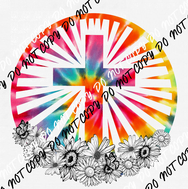 Cross with Flowers Tie Dye Circle DTF Transfer - We Print U Press DTF Transfers