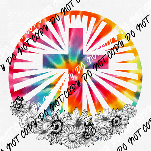 Cross with Flowers Tie Dye Circle DTF Transfer - We Print U Press DTF Transfers