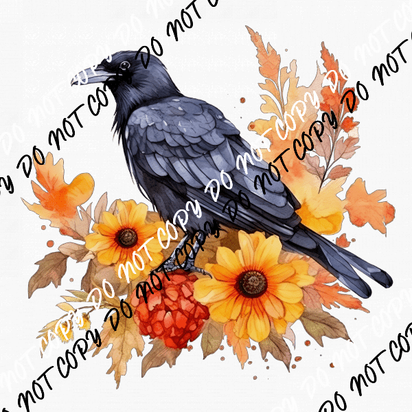 Crow with Fall Flowers Watercolor DTF Transfer - We Print U Press DTF Transfers